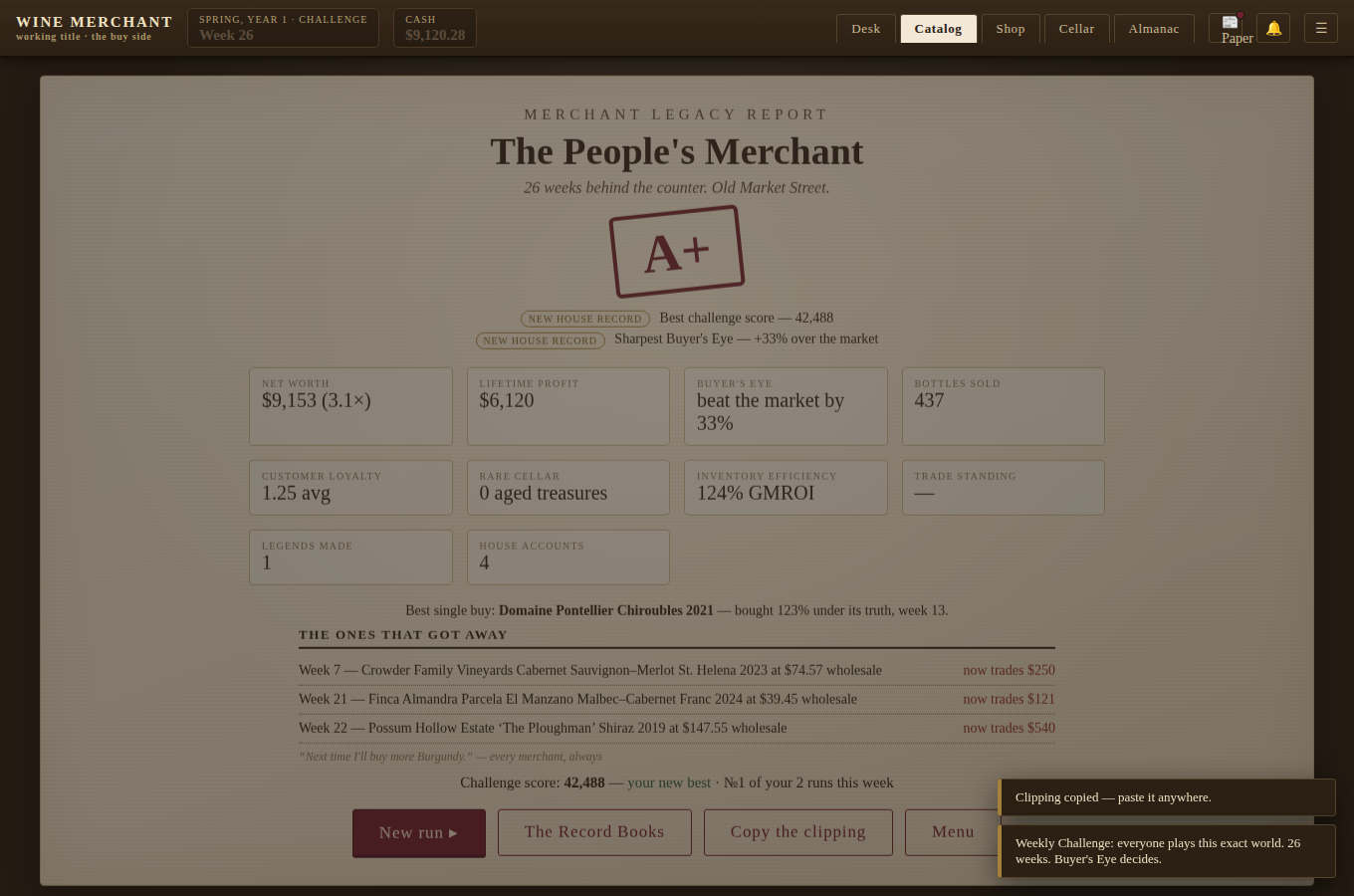 The Merchant Legacy Report with grade and house records